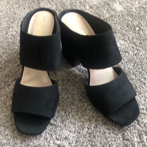 Adorable black suede, block heel, open toe heels